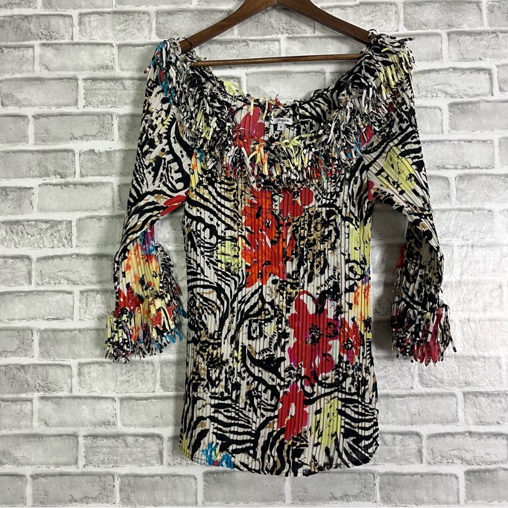Womens Agora Pleaded Stretch Fringe Off Shoulder Colorful Artsy Blouse Sz Small